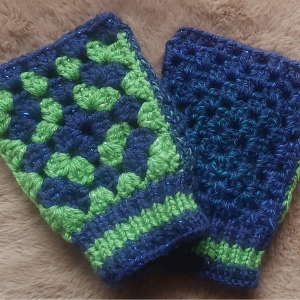 Handmade Sparkly Deep Blue and Lime Green Mittens