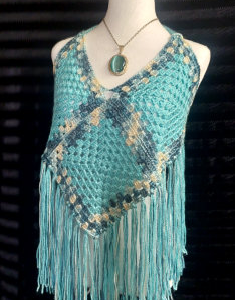 Halter Top in Turquoise with Multi Colour Border + Fringe