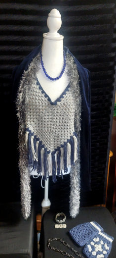 Halter Top Silver Sparkle with Navy Sparkle Accent + Fringe and Matching Mittens